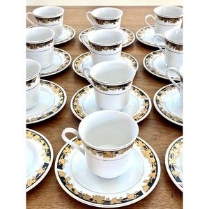 Vintage Yamasen Fine Porcelain 12 Cups and Saucer Black and Gold Accents Kitchen